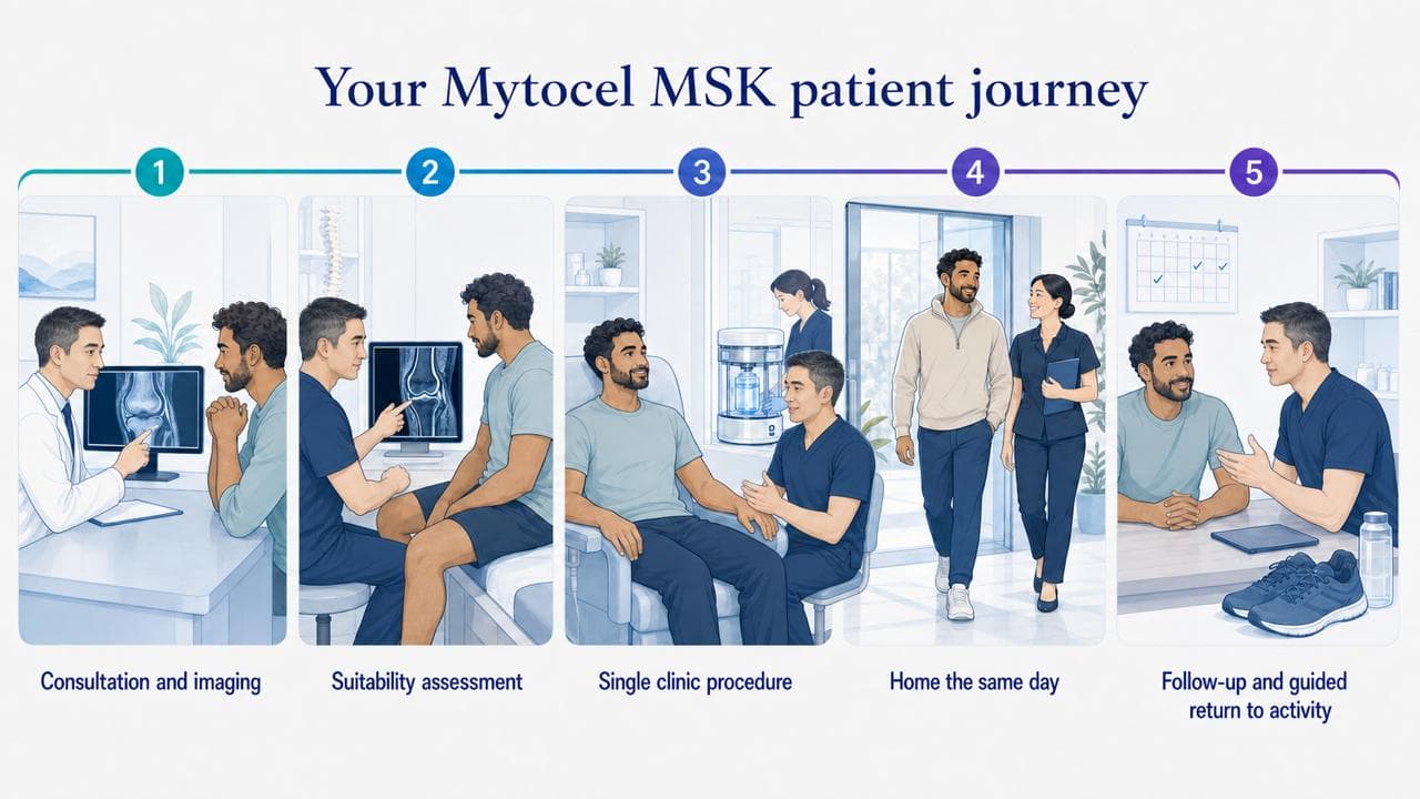 The Mytocel MSK patient journey in five steps: consultation and imaging, suitability assessment, a single clinic procedure, home the same day, then follow-up and a guided return to activity.