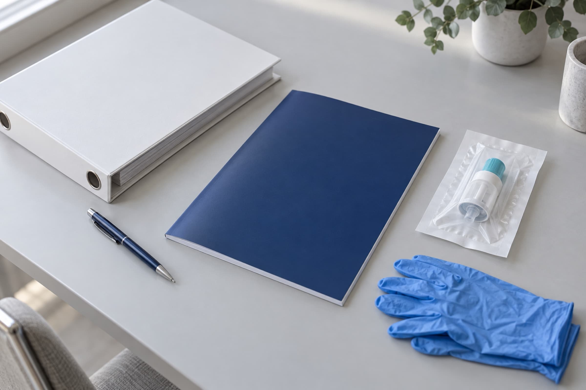 A protocol booklet, a binder, a sealed single-use device and gloves on a desk